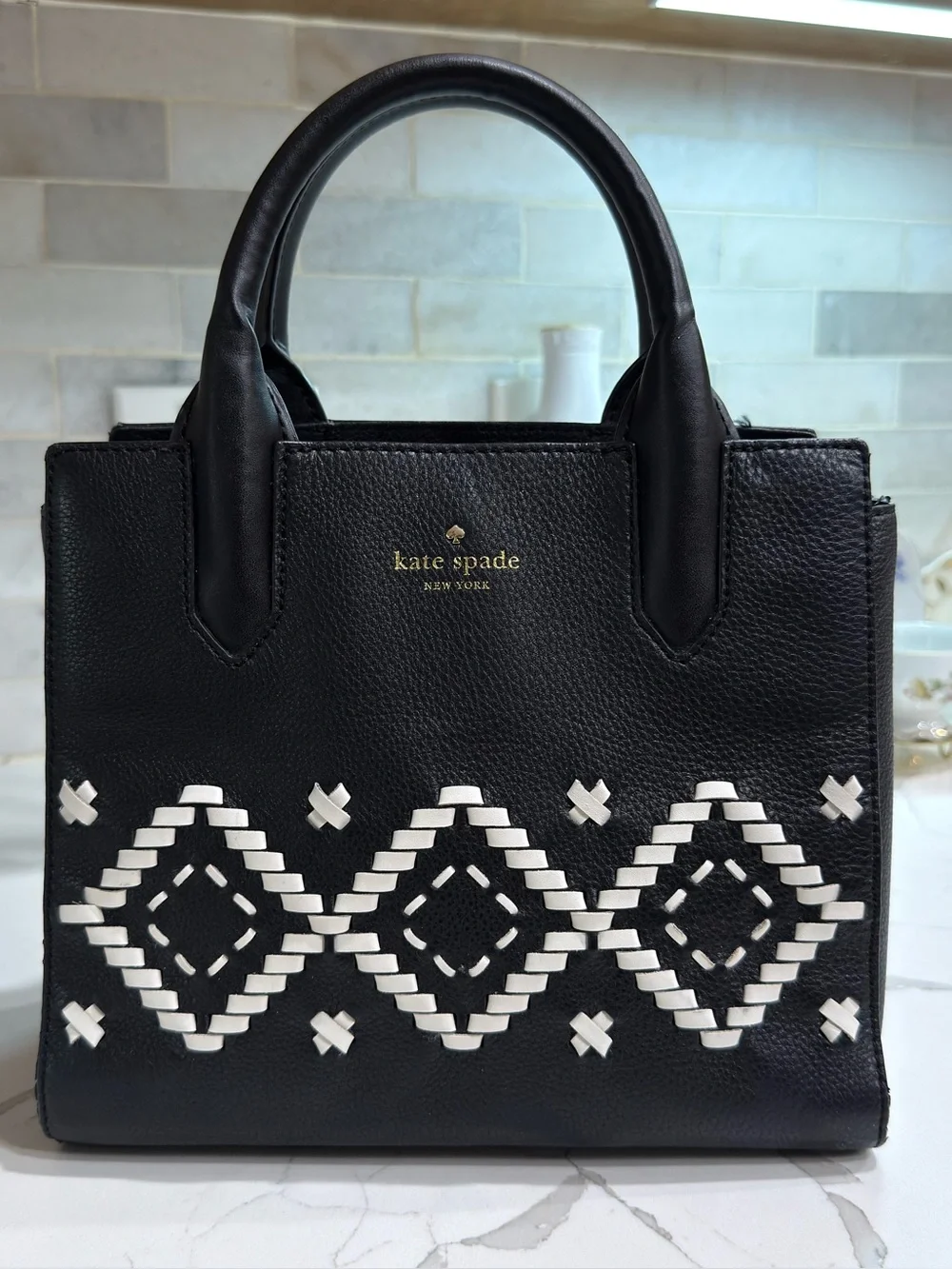 Kate Spade New York  Black Woven Accent Leather Satchel - Picture 6 of 6